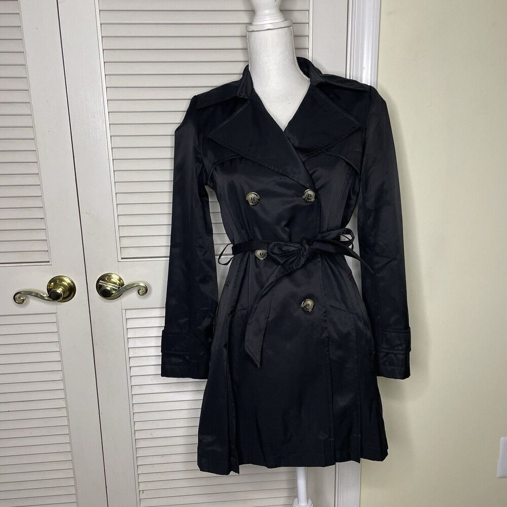 DKNY Double Breasted Trench Coat Black Womens Size XS Mid Length Water Repellent